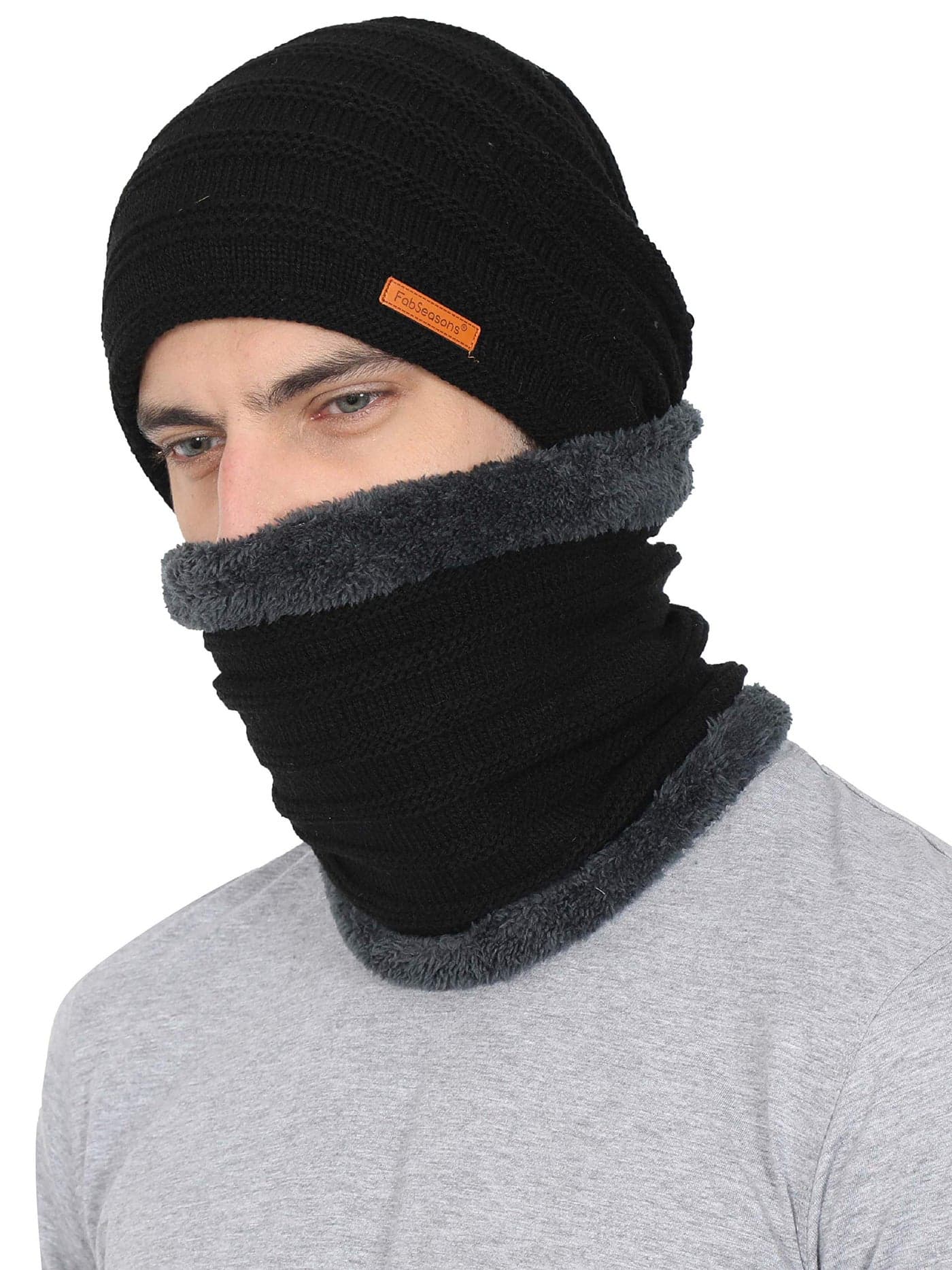 FabSeasons Unisex Acrylic Woolen Combo of Beanie/Skull Cap & Muffler for Winters with Faux Fur Lining Black