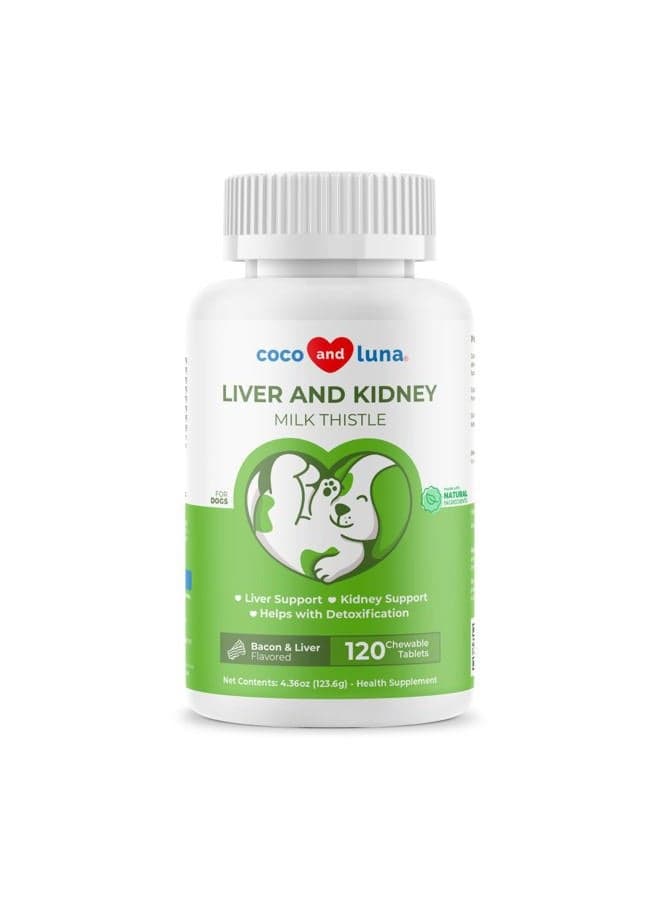 Milk Thistle for Dogs - 120 Chewable Tablets - Silymarin - Liver and Kidney Support with EPA & DHA - Detox - Liver Supplement for Dogs with Choline and L-Arginine