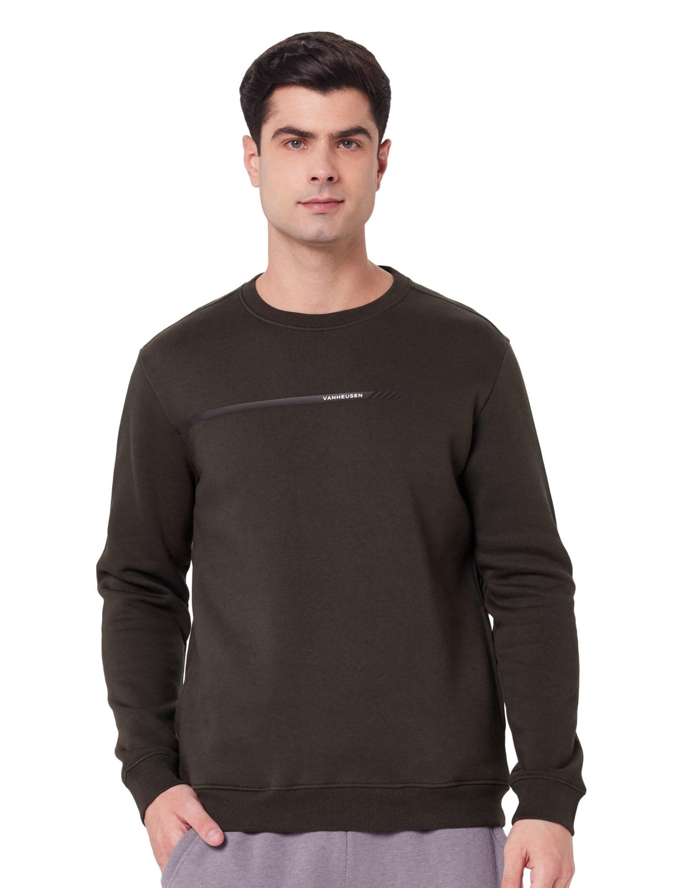 Van Heusen Men Olive Solid Crew Neck Sweatshirt