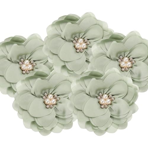 PATIKIL 315 Inch Chiffon Flowers 5 Pcs Fabric Flowers Rhinestone Pearl Large Camellia Sewing Appliques for DIY Crafts Dresses Clothing Headbands Wedding Party Decoration Green