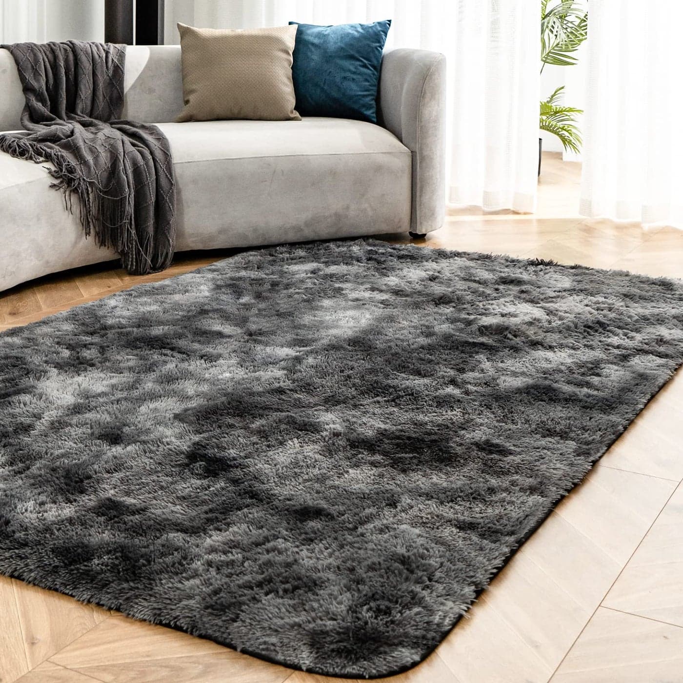 OMERAI Dark Grey Rugs Living Room Rug Tie Dye Anti Slip Carpet Fluffy Faux Fur Rugs Velvet Thick Rug Plush Shaggy Area Rugs Modern Floor Mat for Bedroom Home Decor 150 240cm
