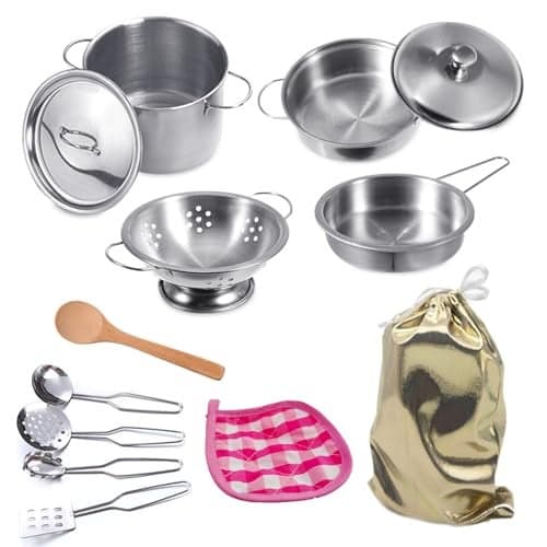 Mini Play Pots and Pans Toys for Kids Kitchen Playset Pretend Cookware Utensils Play Set Play Cooking Toys Mini Stainless Steel Cooking Utensils Toys Kitchen Playset Accessories for Boys Girls