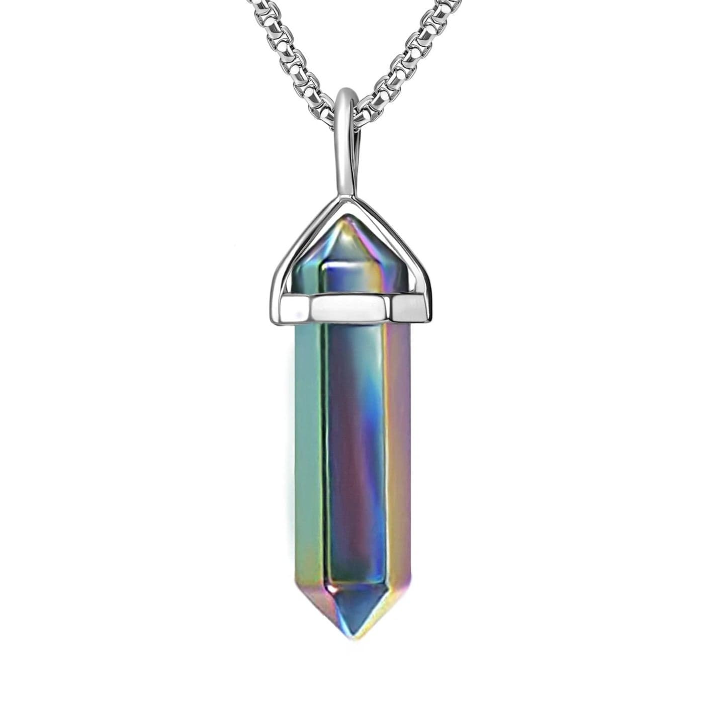 BEADNOVA Rainbow Hematite Necklace Gemstone Crystal Necklace for Women Healing Stone Pendant Jewelry for Men Pendulum Divination Hexagonal Pendant 18 Inches Stainless Steel Chain