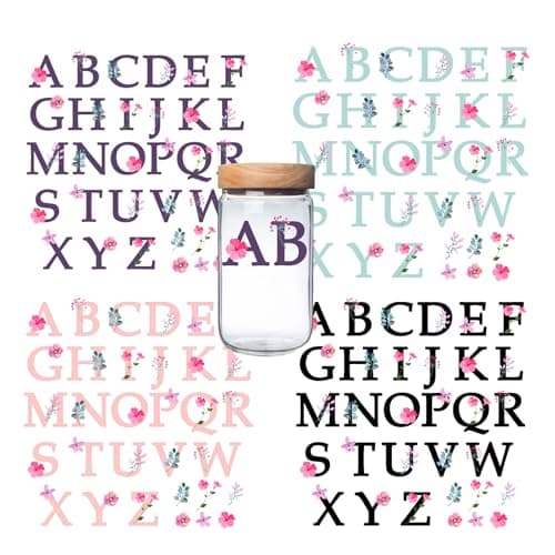 26 Letters Transfer Rub on Sticker for 16 oz GlassFlower DesignAlphabet Waterproof Rub on Transfer for Wedding Invitation DIY Gifts Friends Family4 Colors