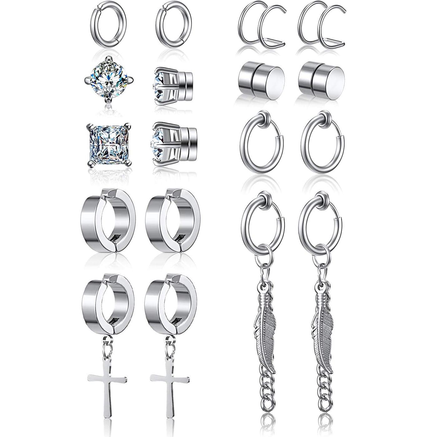 9 Pairs Magnetic Stud Earrings Non Pierced Silver Stainless Steel Feather Dangle Earrings CZ Magnet Earring Hinged Cross Hoop Earrings Set