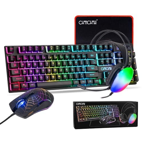 Gaming Keyboard Mouse Mousepad and Headset with mic Combo All in One USB Wired RGB Backlit Rainbow Side Button Gamer Bundle Set Compatible with PC Windows Xbox one PS4 PS5(Black)