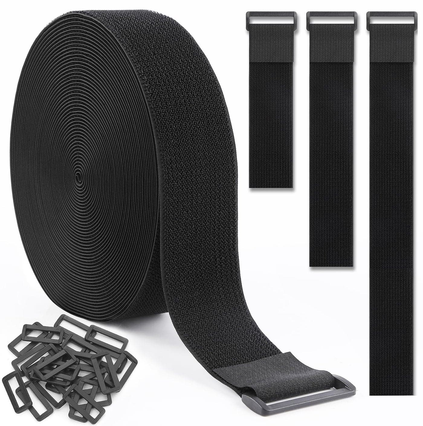 GDSZ LAERSI 1.5In x 20Ft Cinch Straps Nylon Heavy Duty with 25 Buckles, Cut to Length, Black Hook and Loop Straps, Reusable Long Cable Ties for Storage and Cord Organizer