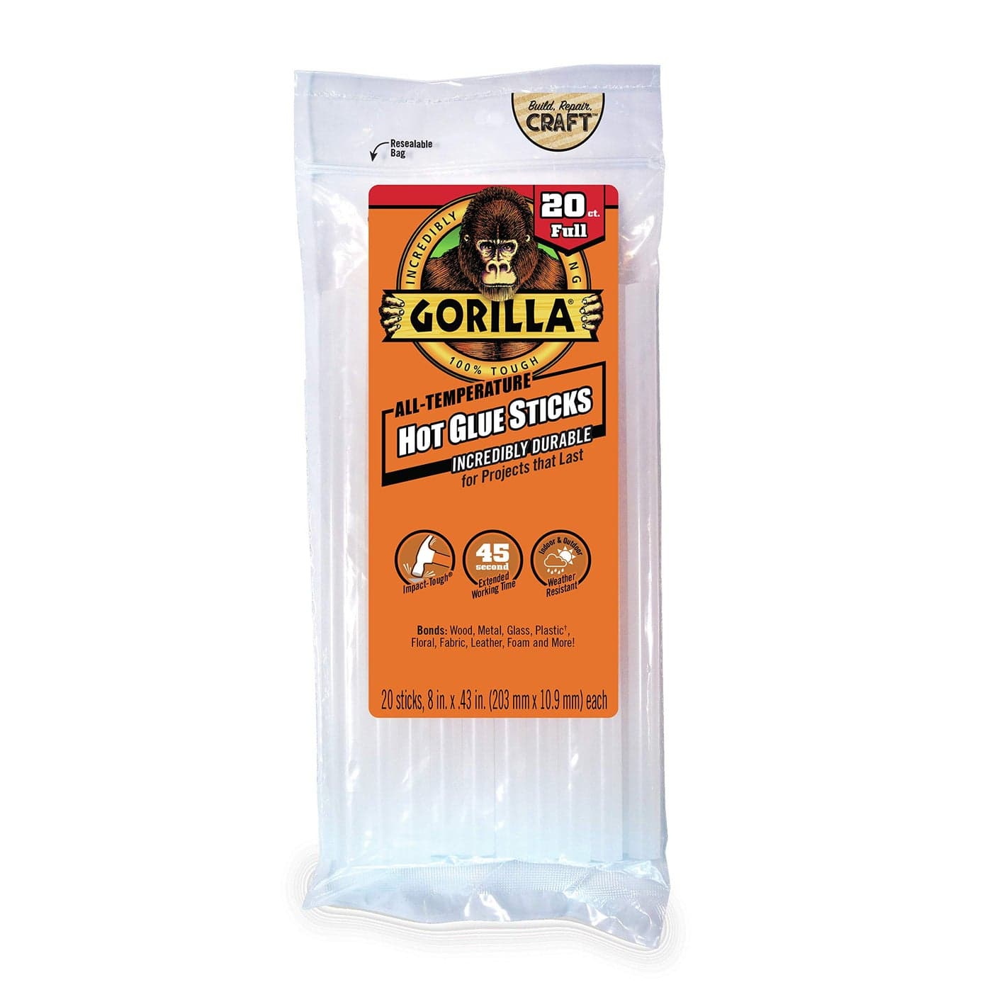 Gorilla Hot Glue Sticks Clear Glue Full Size 8 Long x 043 Diameter 20 Count Pack of 1 Safe for All Temperatures with Extended Working Time
