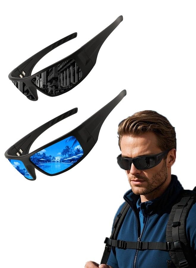 2PCS Polarized Sports Sunglasses for Men Women Unbreakable Frame Cycling Fishing Wrap Around Sunglasses UV400 Protection