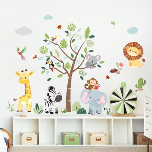 Supzone Jungle Animals Tree Wall Decals Safari Elephant Giraffe Lion Zebra Wall Stickers for Kids Toddlers Bedroom Living Room Baby Nursery Wall Decor
