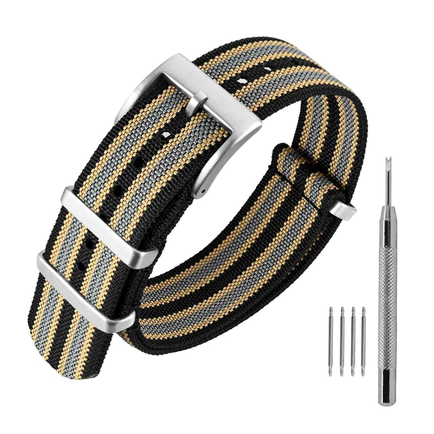 ANNEFIT Nylon Watch Band 22mm OnePiece Waterproof Military Watch Straps with Heavy Silver Buckle BlackKhakiGrey