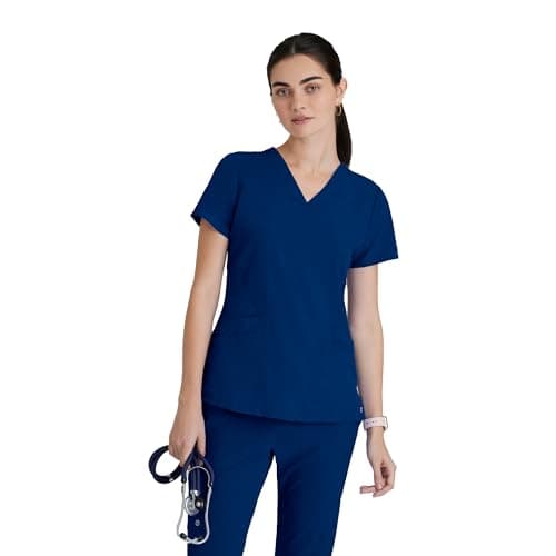 BARCO One Pulse Classic Fit Scrub Top for Women – Indigo, 5-Pocket V-Neck Scrub Shirt w/ 360 Spandex Stretch, Moisture Wicking, Anti-Static and Quick-Shed – XS, Regular Fit