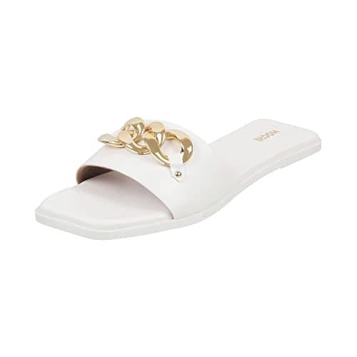 Mochi Women's White Flat Fashion Slip On Sandals | Synthetic Ornamented Open Toe Footwear | Lightweight Comfort Daily Wear | Casual Stylish Comfortable Elegant Wear | UK 7