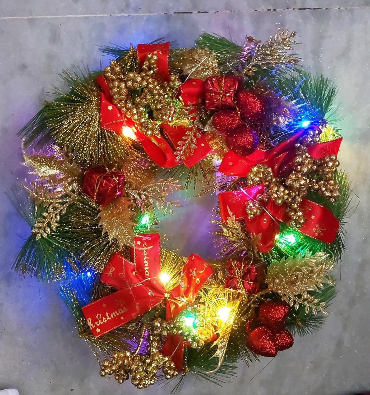 Partunay1 Pcs Light Up Pine Red Bow Wreath Xmas Christmas Front Door Wall Decoration Christmas Wreath Christmas Decoration Item