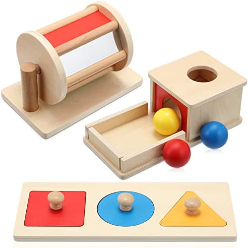 Sratte 3 Pcs Wooden Baby Toys Set Object Permanence Box Rainbow Drum Colorful Multiple Shape Puzzles Toys Preschool Toys Set for 612 Month Infant 1 2 3 Year Old Toddlers Babies