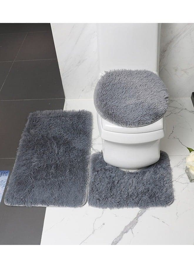 Bathroom Rugs Set of 3 Piece , Plush Bath Contour Mat Toilet U-Shaped Soft Water Absorbent Runner Rug ,For Non-Slip Shower Area Floor for Tub, Grey