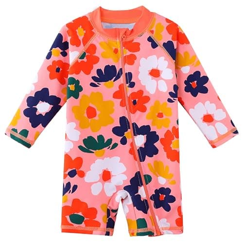 HUAANIUE Baby/Toddler Girl Swimsuit Long Sleeve Rashguard Swimwear PeachFlower 3-4 T