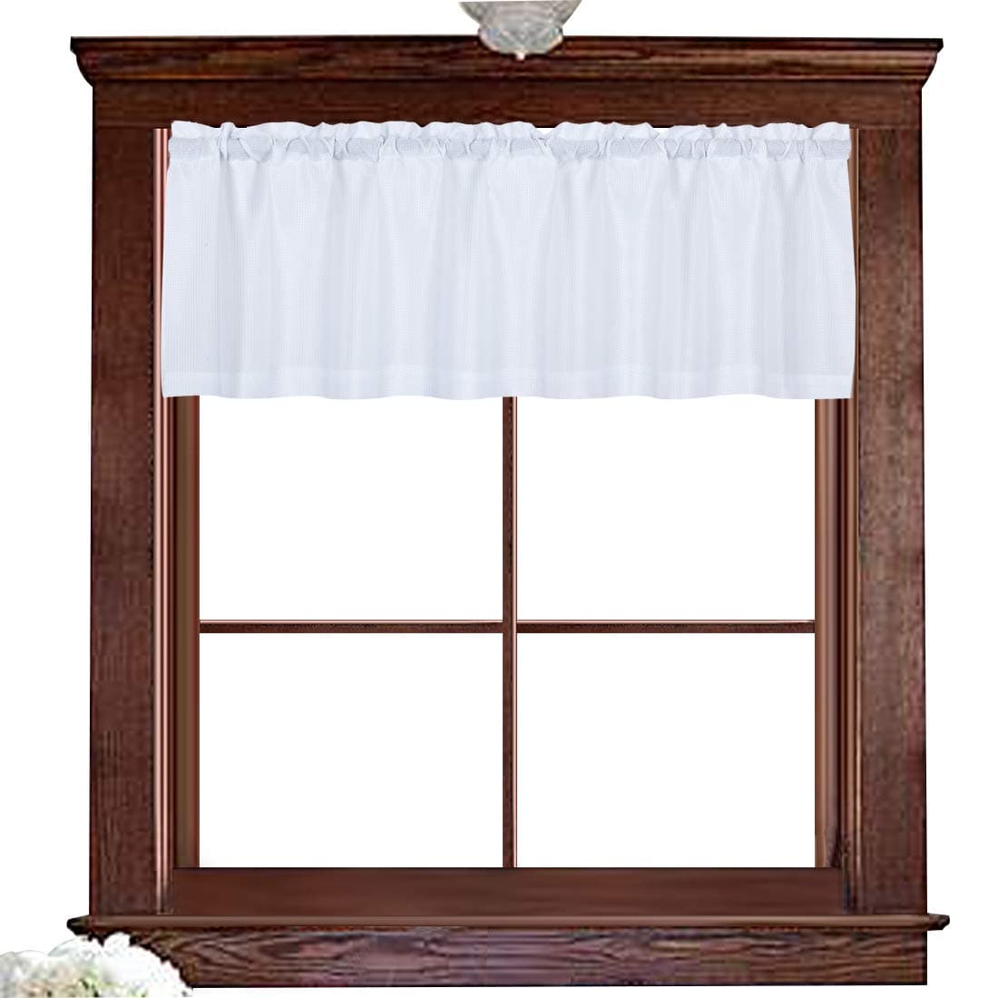 Valea Home Water Repellent Valance for Bathroom Window Waffle Woven Textured Short Kitchen Curtain Valances60 x 16 inches White One Panel