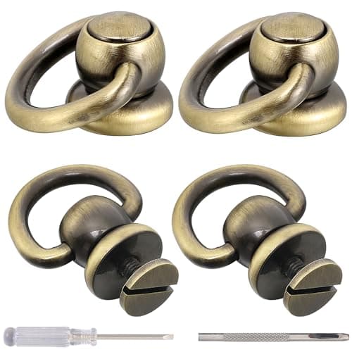 Notgia 4Pcs D Rings for Purse Brass Rivets for Leather Rotatable Purse Strap Hardware Ball Button Studs for Handbag D Rings Chicago Screws for Repair Purse Dog Collar Leather Crafts (Brushed Bronze)