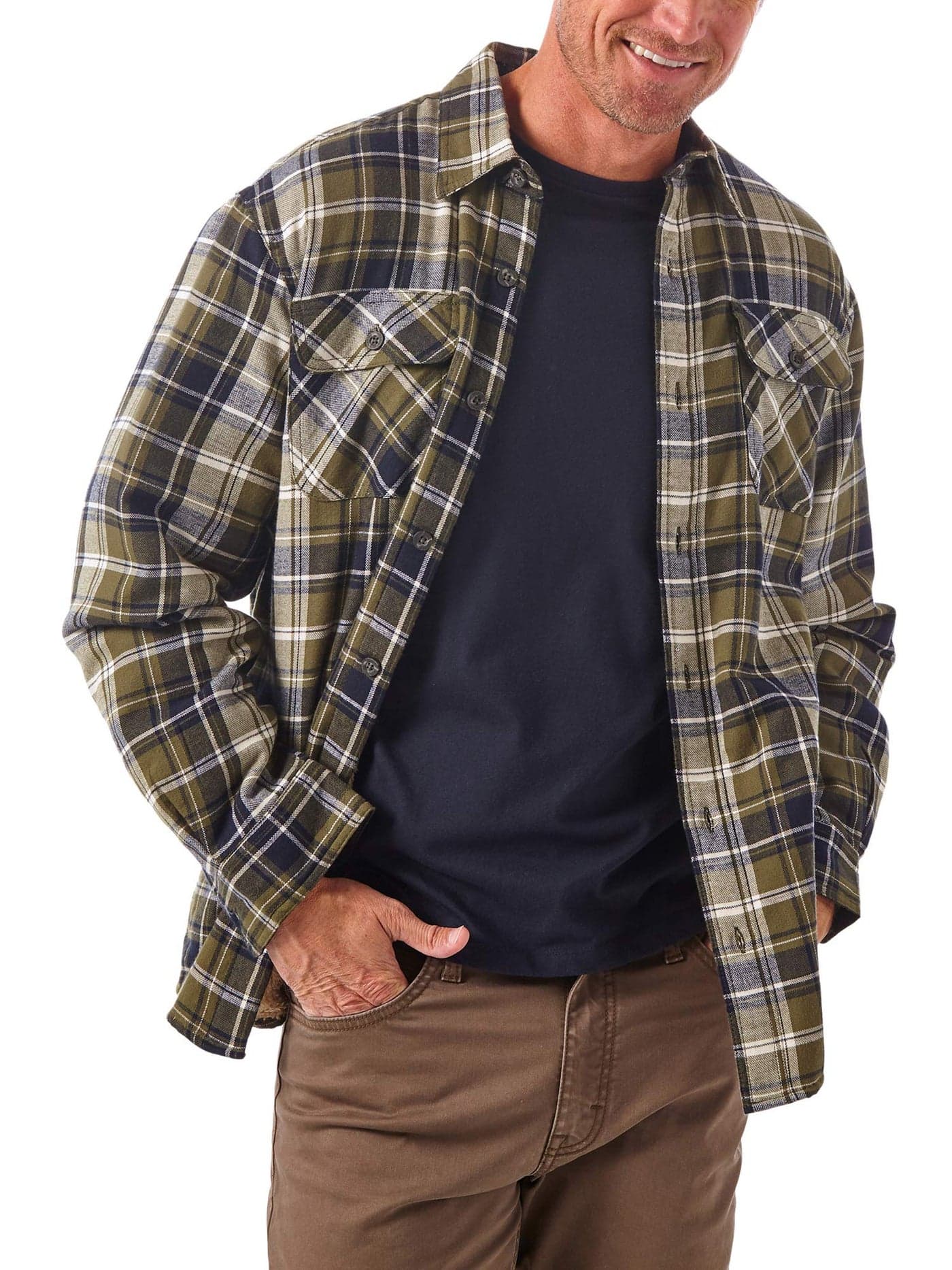 Long Sleeve Sherpa Lined Shirt Jacket, Olive Sky, X-Large