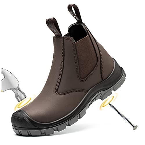 TAERDUN Steel Toe Work Boots for Men Slip-on Chelsea Boot, Men's Industrial & Construction Shoes, Waterproof, Lightweight, Comfortable, Non-slip Safety Shoes, Brown, 9