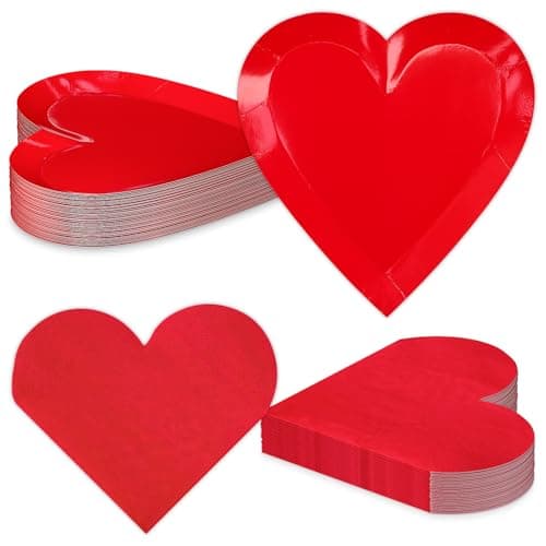 Valentine's Day Party Decorations, Disposable 9" Paper Plates and 3 Ply Napkins Heart Shaped Love for Wedding Engagement Valentine's Day, Bridal Shower, Mother's Day, Birthday Party, 50 Count / Red