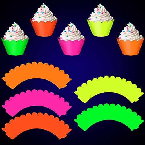 Spakon 30 Pieces Glow Party Neon Party Supplies Neon Cupcake Wrappers Multicolor Muffin Liners for Glow in Dark Birthday Wedding Decoration Halloween Black Light Reactive