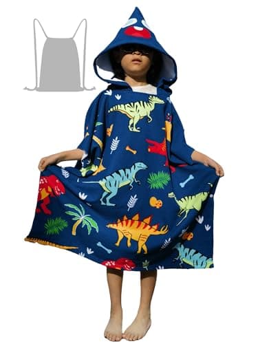 Athaelay Soft Swim Cover-ups for 3 to 10 Years Old Kids Navy Blue Dinos Hooded Bath Beach Poncho Towels