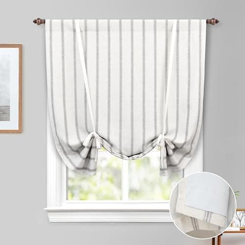 DriftAway Farmhouse Double Layer Linen Blackout Tie Up Curtains Thermal Insulated Vertical Striped Fully Lined Balloon Roman Shade Bathroom Window Adjustable Rod Pocket 45 Inch by 63 Inch Gray