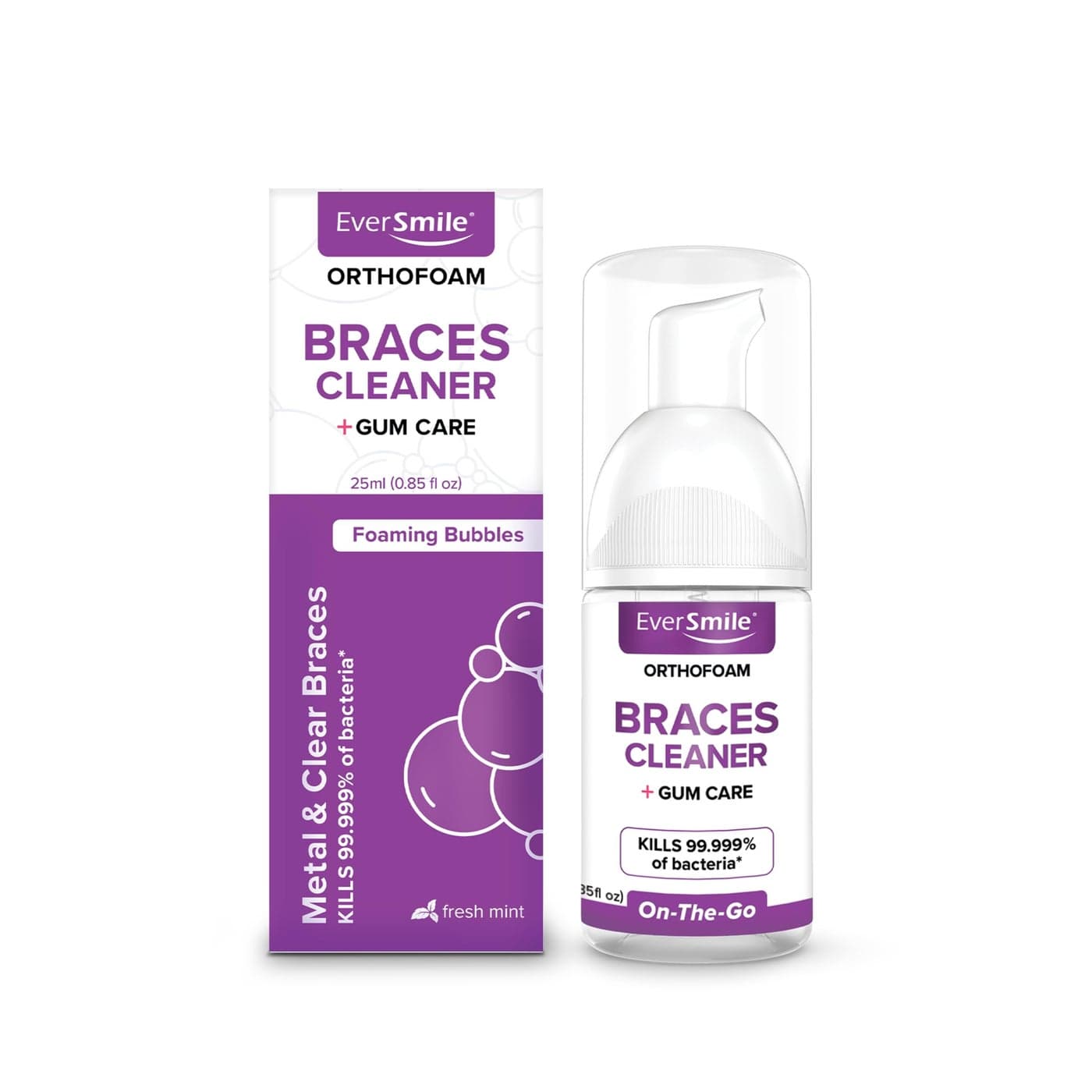 EverSmile OrthoFoam Braces Cleaner Travel Size Brushable Foam Whitens Teeth Eliminates Bacteria Fights Plaque and Bad Breath Cleans Under Metal Ceramic Clear Brackets and Wires 25ml