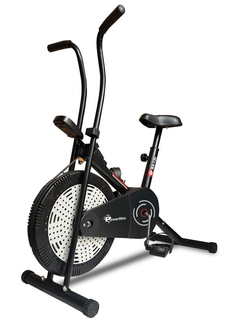 PowerMax Fitness BA-130 Air Bike Exercise Cycle for Home-Gym Workout with 1.5kg Fly wheel, Non-Slip Pedals |Fixed Handle Gym Bike for Max user 120kg, Belt Drive, Adjustable seat-Black