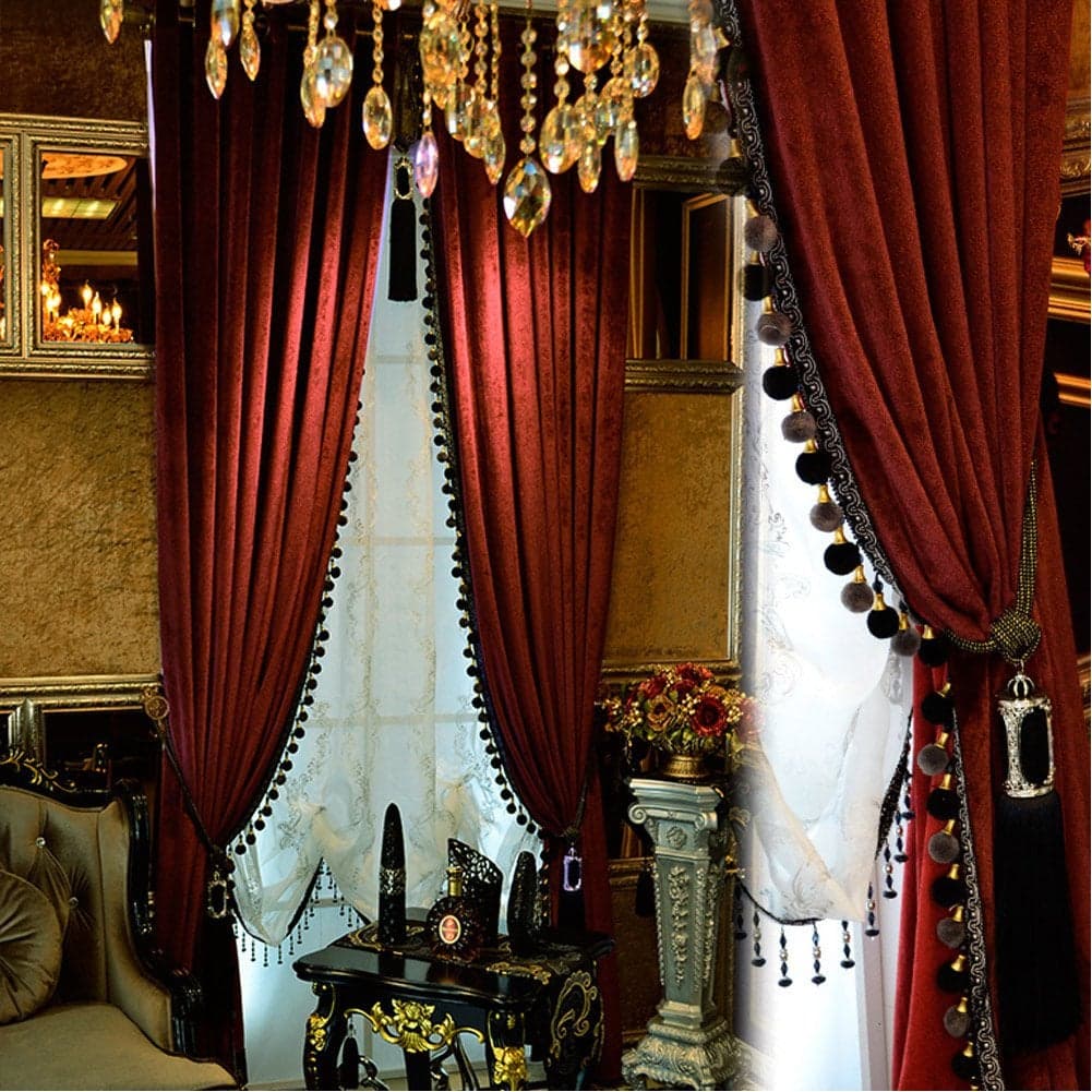 Luxury Pom Poms Curtain for Living Room Blackout Velvet 2 Panels Curtains Set Luxury Tassel Bedroom Curtains Burgundy 50W108L2