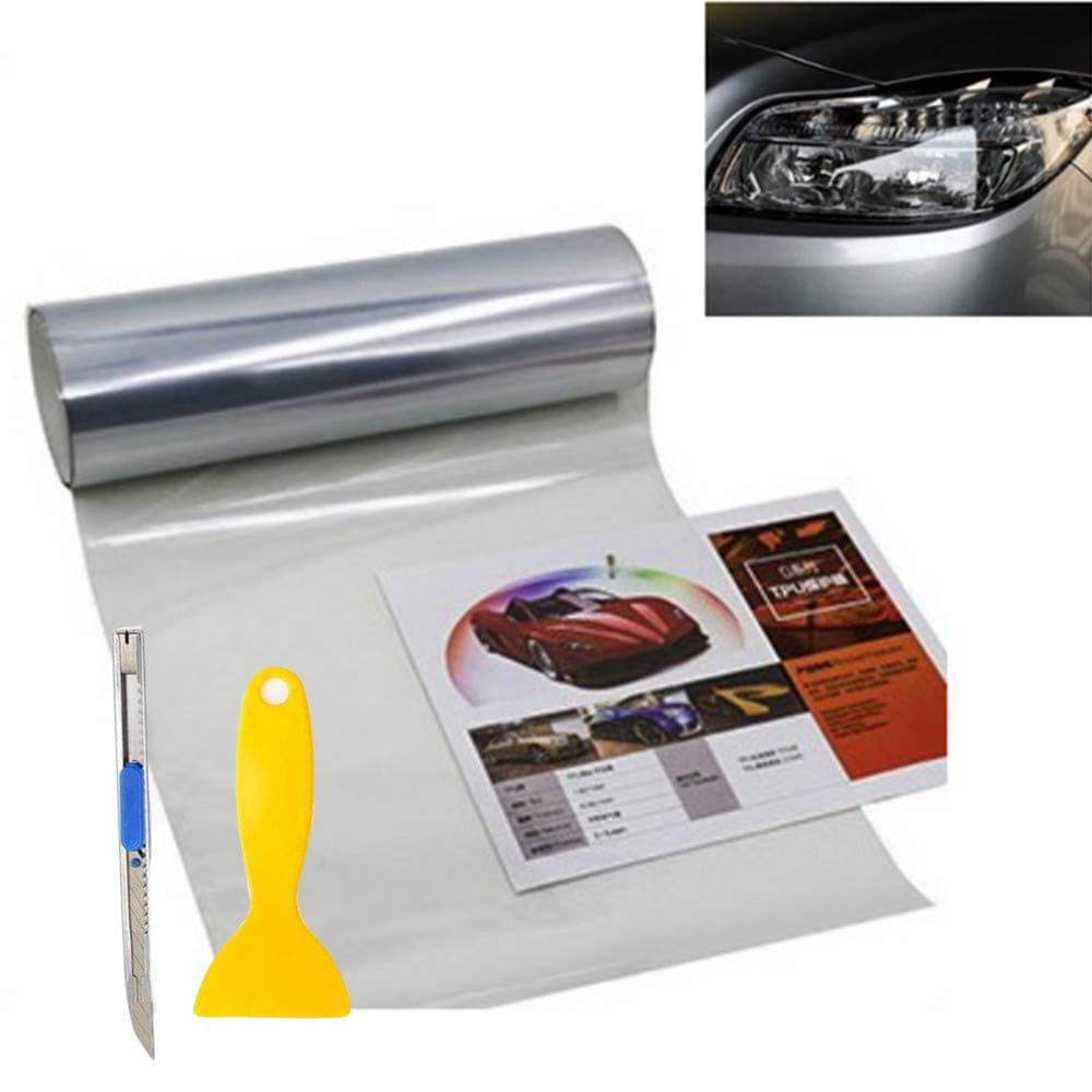 KOMAS 12 X 48 Tint Vinyl Film Sticker Sheet Roll for Car Headlight Tail Lights Fog Lights with Squeegee Cutter Glossy Clear