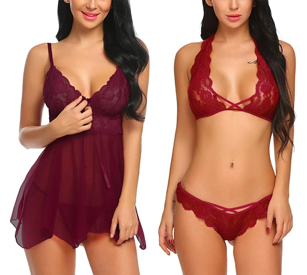 Xs and Os Combo of Women Nightwear Lingerie with Lace Bra Panty Set (Maroon, Large)