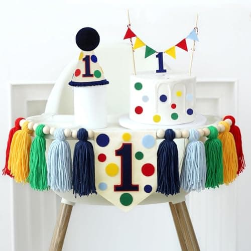 HODIHIWI Colourful Rainbow Dot 1st High Chair Banner Conical Cap Primary Colors Cake Topper for Boys Girls Birthday Party Decorations