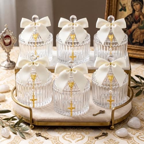 Chuangdi 6 Sets 24 Pcs Baptism Favors for Guests Crystal Candy Bowl Gifts with 6 Pcs Cross Rosary for Baptism Decorations Wedding Baby Shower Supplies First Communion Party(White)