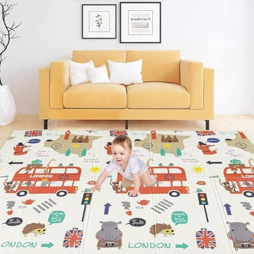TARKAN Extra Large Reversible Baby Play Mat, BIS Safety Certified, BPA Free Foldable Foam Crawling Mat (6.5x5 ft, 6mm Thickness) London - Jungle