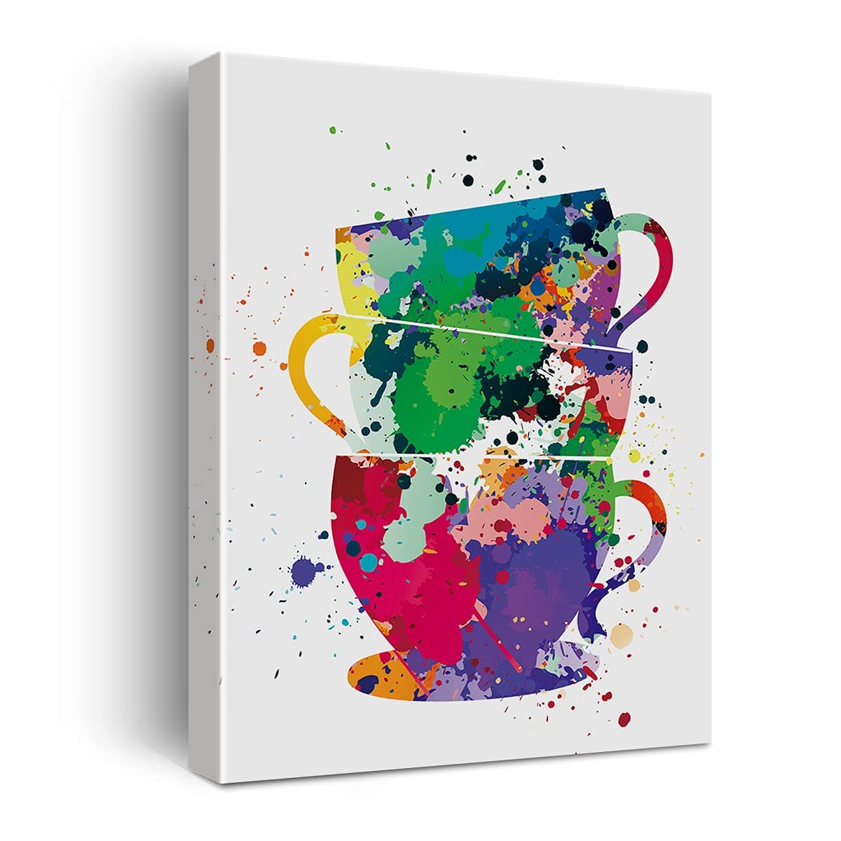 Coffee Cups Watercolor Poster Canvas Wall Art for Home/Office/Kitchen Decor - Tea Cups Canvas Print Wall Art Painting Ready to Hang Gifts - Easel & Hanging Hook 12x15 Inch