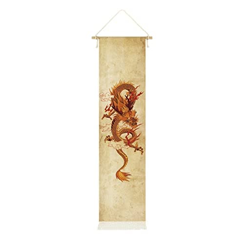 DigiTizerArt Hanging Canvas Wall Art Poster Tapestry - Chinese Soaring Golden Dragon Totem, Traditional Asian Design, HD Printed Wall Decor for dorm bedroom (13x53 Inches)