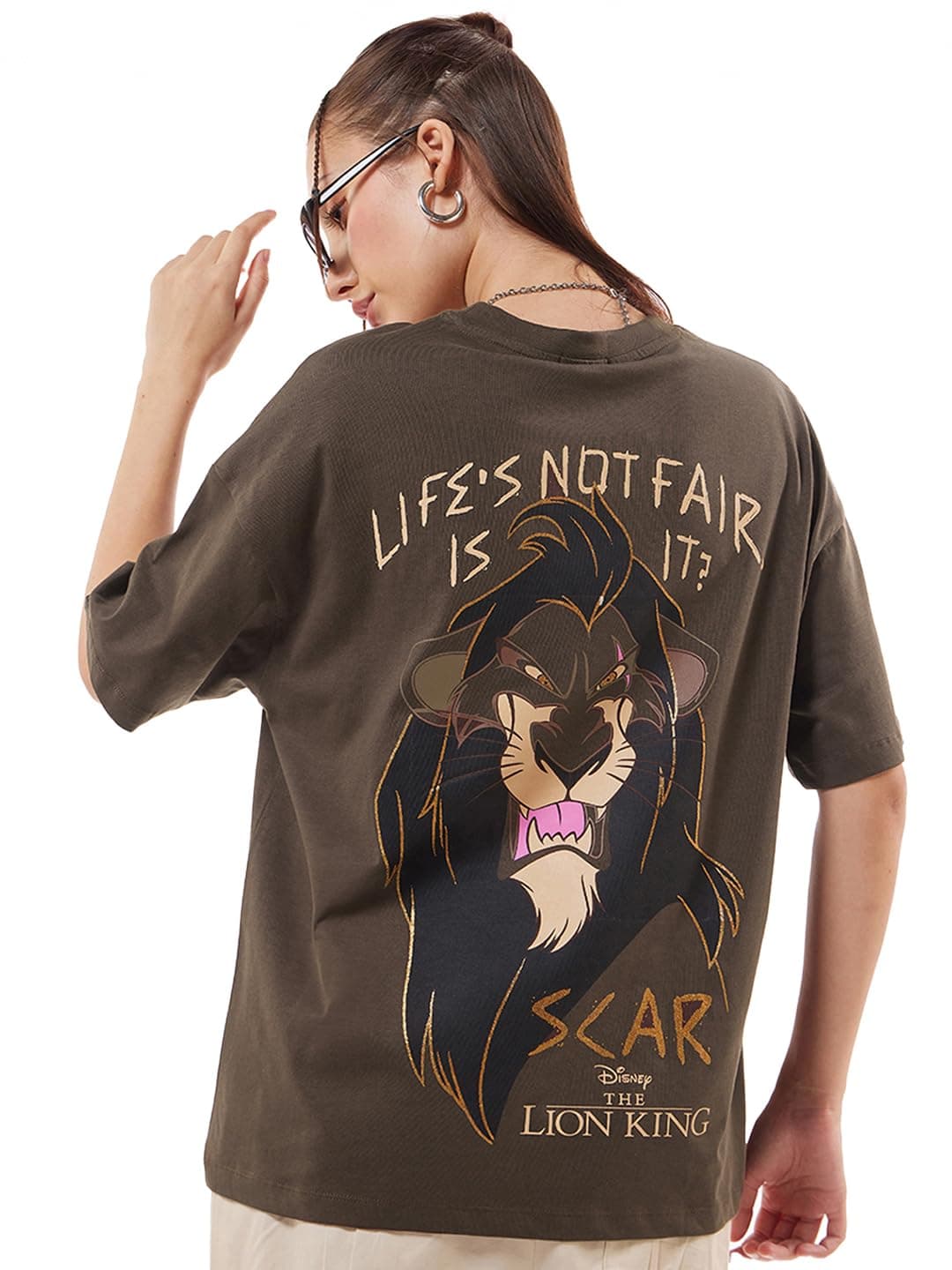 Bewakoof Official Disney Merchandise Lion King Women's Graphic Printed Oversized Fit Half Sleeve Round Neck Pure Cotton T-Shirt_637472_Brown_L