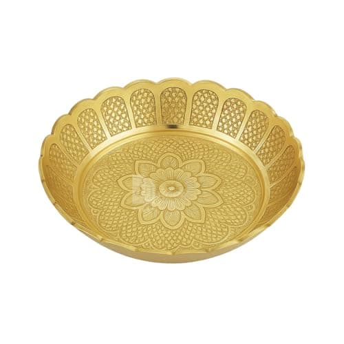 Sausthav Handmade Brass Prasadam Vastu Nakshi Plate 90Gm with Flower Embossed Design | Puja Thali Bhog Plate for Mandir, Religious Rituals, Home Temple & Festive Gifting