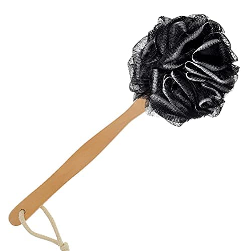 RASDDER Loofah with Handle - Back Scrubber & Exfoliating Shower Sponge, PE Soft Mesh on a Wooden Stick for Men and Women(Black)