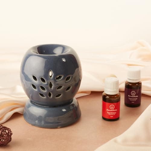 Asian Aura Ceramic Electric Round Shaped Aroma Diffuser| Aroma Oil Burner for Aromatherapy| Home Decor & Fragrance with Aroma Oils(English Lavender & Rosy Romance Fragrance 10ml Each) (Dark Grey)