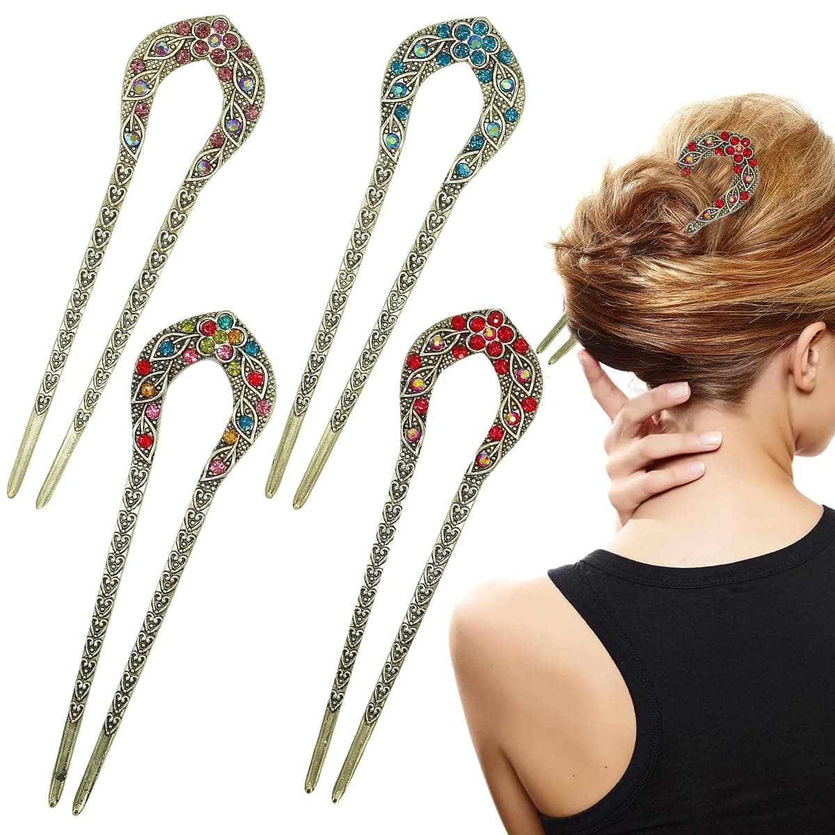 MAYCREATE 4 Pack French Hair Pins For Women Stylish Metal U Pin For Hair Vintage Hair Stick For Buns Rhinestone Juda Pin Hairpin 578In Long Chignon Pin Hairstyle AccessoriesMulti