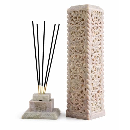 KC KULLICRAFT Handmade Marble Soapstone Incense Stick Burner | Dhoop Batti Stand | Candle Holder | Tea Light Burner - Jaali Carving | Decorative Home and Kitchen Decor (3 x 3 x 11 Inches) (Pack of 1)