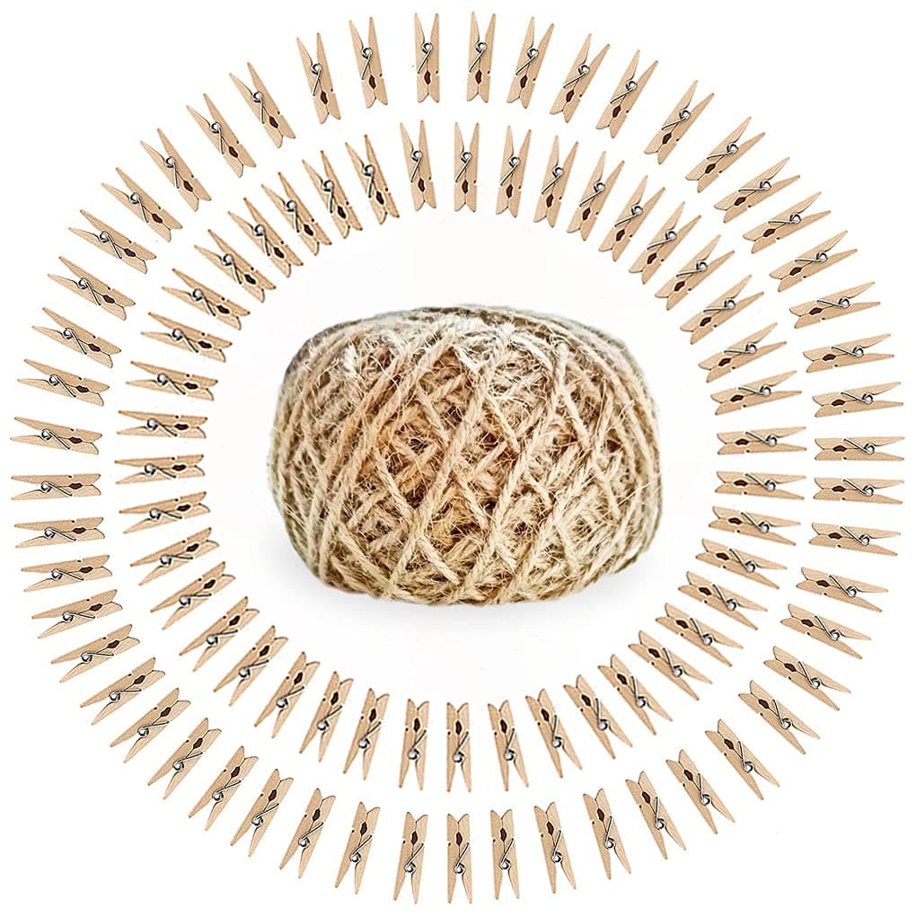 Infiprises 100 Pieces Mini Natural Wooden Clips with 50 Mtr Jute Twine MultiFunction Mini Clothespins Photo Paper Peg Pin Craft Clip Jute Rope 165 Feet for Home Arts Crafts Decor DIY Decoration Photo Hanging