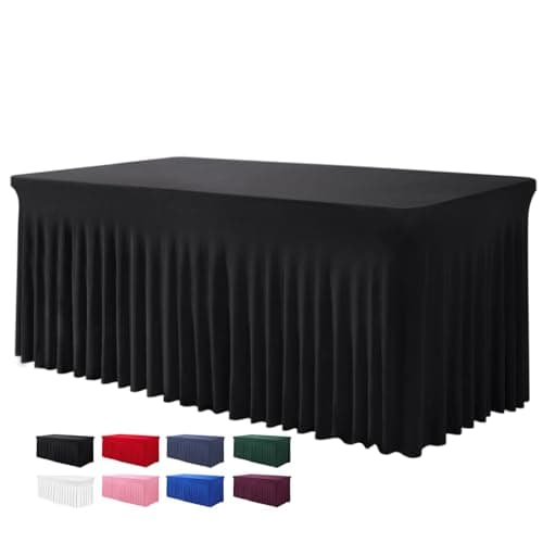 BDDC Table Skirts for Rectangle Tables 8ft - One-Piece Black Tablecloths and Skirt, Wrinkle Resistant Ruffles Elastic Cover for Banquets, Weddings, Events, Parties