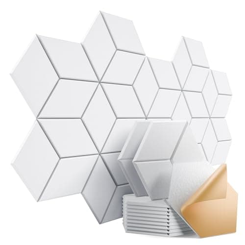 Dailycooper 12 Pack Self-Adhesive Acoustic Panels 12" X 10" X 0.4" - Sound Proof Foam Panels with High Density, Stylish Y-Lined Design, Flame Resistant, Absorb Noise and Eliminate Echoes(White)