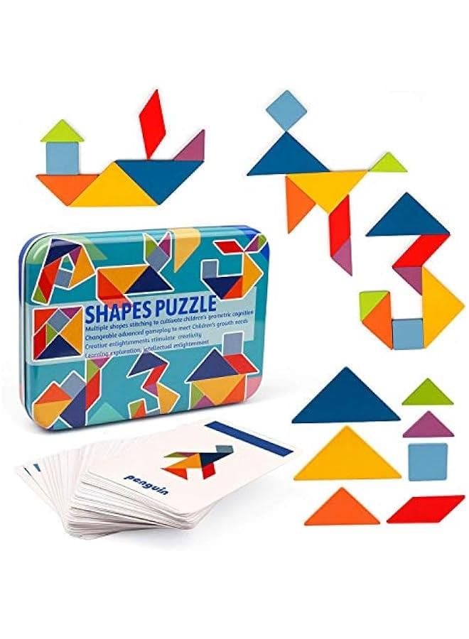 Wooden Tangrams Sets Pattern Blocks, Shape Card Brain Teaser Puzzles Educational Toy, Travel Games for Kids Ages 4-8 Road Trip Essentials