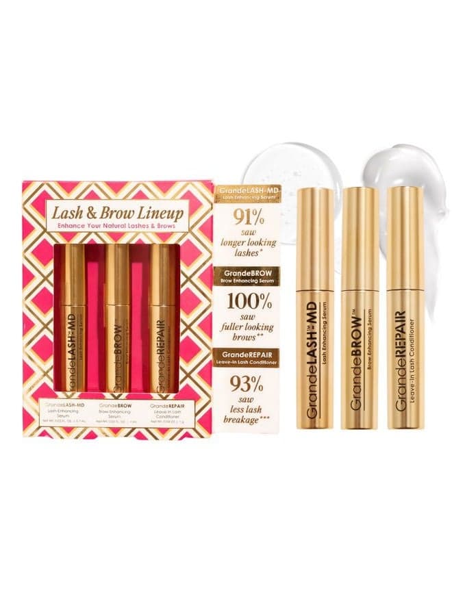 Lash & Brow Lineup - GrandeLASH-MD, GrandeBROW, GrandeREPAIR, for Longer, Thicker-Looking Eyelashes & Fuller, Bolder-Looking Eyebrows, Strengthens, Softens, & Protects